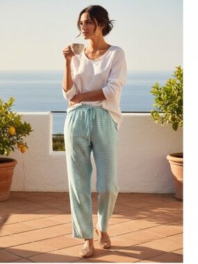 Planet Sleep Womans Blue green white Check Cotton Pajama Pants Medium